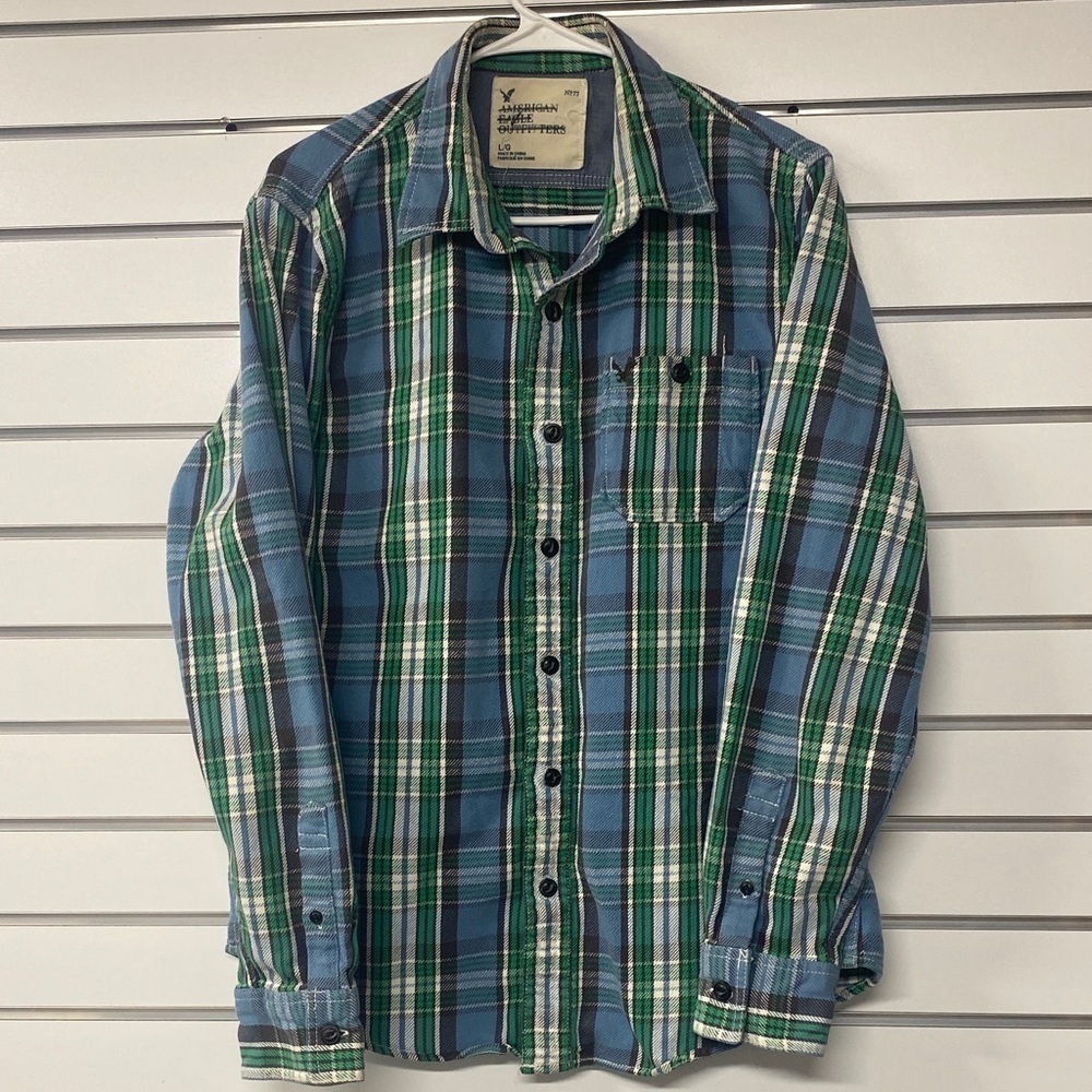 American Eagle Outfitters Men's Casual‎ Blue Green Plaid Cotton Flanel